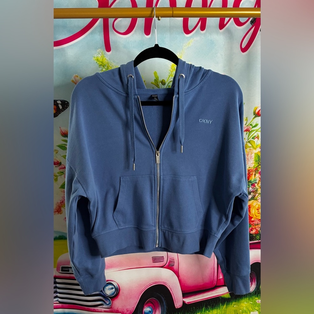 DKNY Dusty Blue Cropped Zip-Up Hoodie